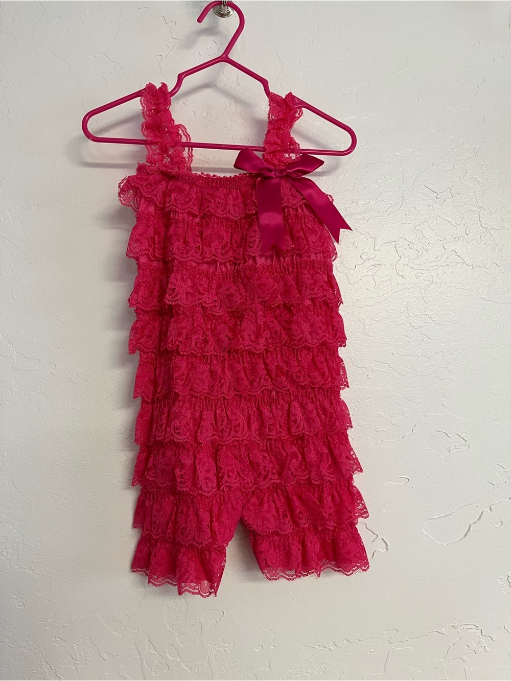 Girls Hot Pink Lace Ruffle Romper